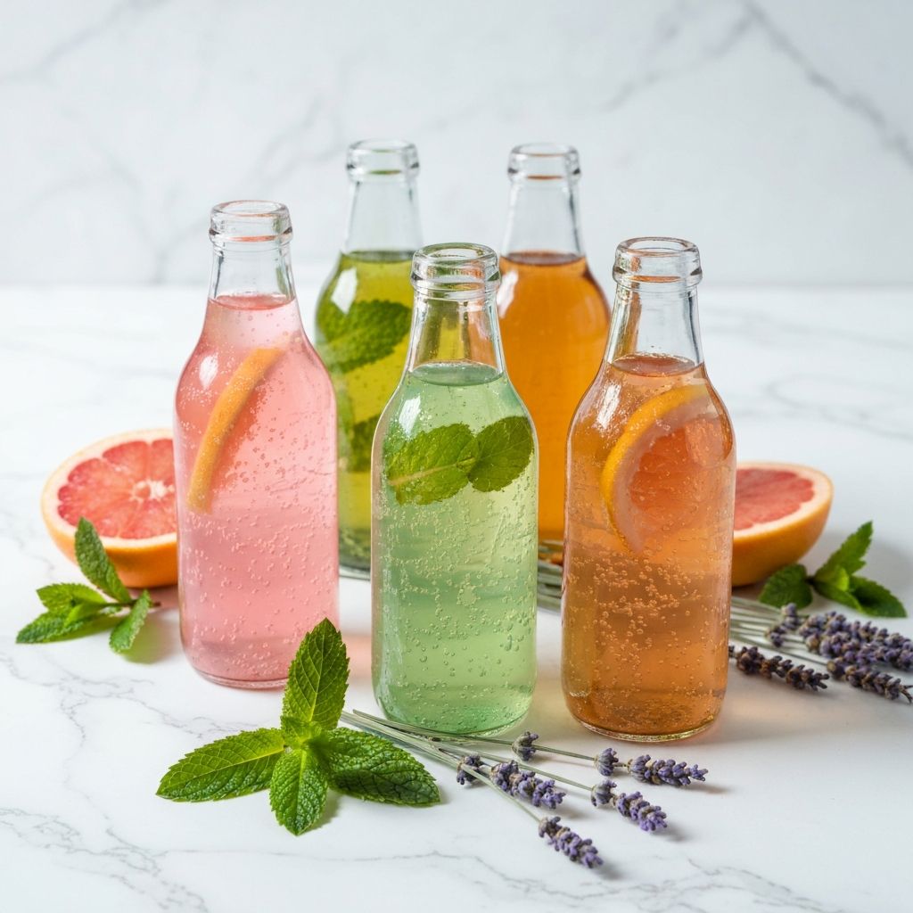Colorful homemade craft sodas in glass bottles